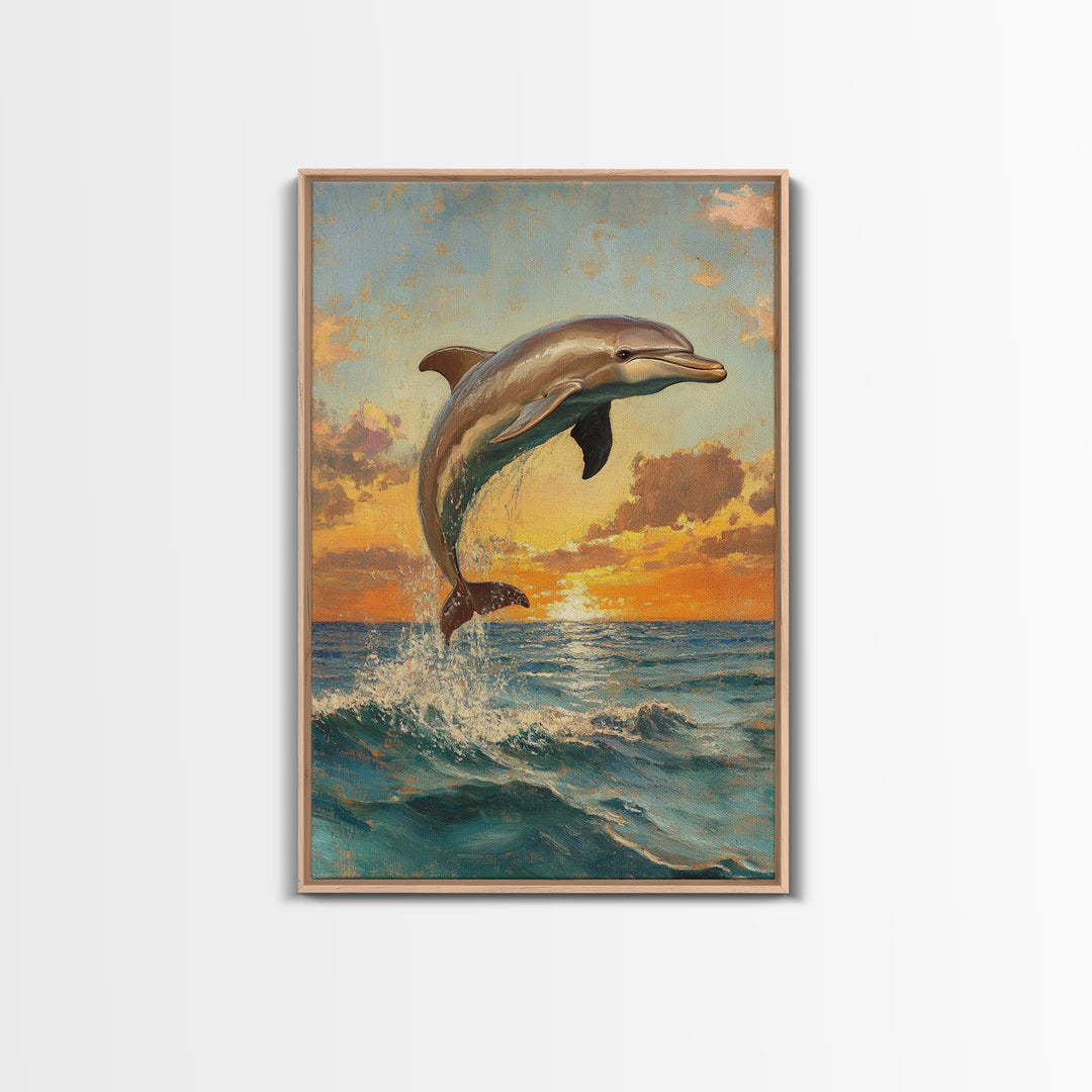 Dolphin Jumping At Sunset, Framed Canvas Print, Dolphin Painting, Dolphin Decor, Dolphin Wall Art