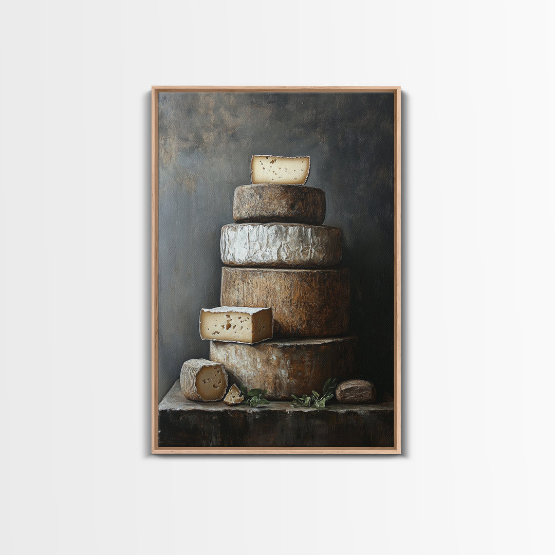 Cheese Wall Art Framed Canvas Print, Cheese Still Life, Cheese Painting, Kitchen Decor, Dining Room Wall Art, Rustic Farmhouse Kitchen Art