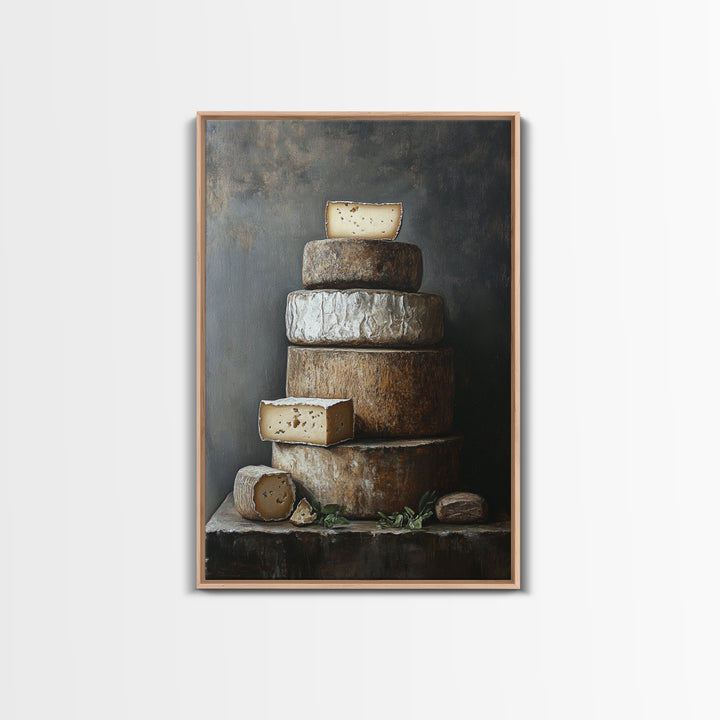 Cheese Wall Art Framed Canvas Print, Cheese Still Life, Cheese Painting, Kitchen Decor, Dining Room Wall Art, Rustic Farmhouse Kitchen Art