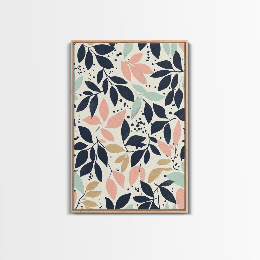 Pastel Florel and Botanical Wall Art, Mid Century Modern Leaves Art Print, Wood Frame Wall Art Canvas Print, Canvas Art, Living Room Decor