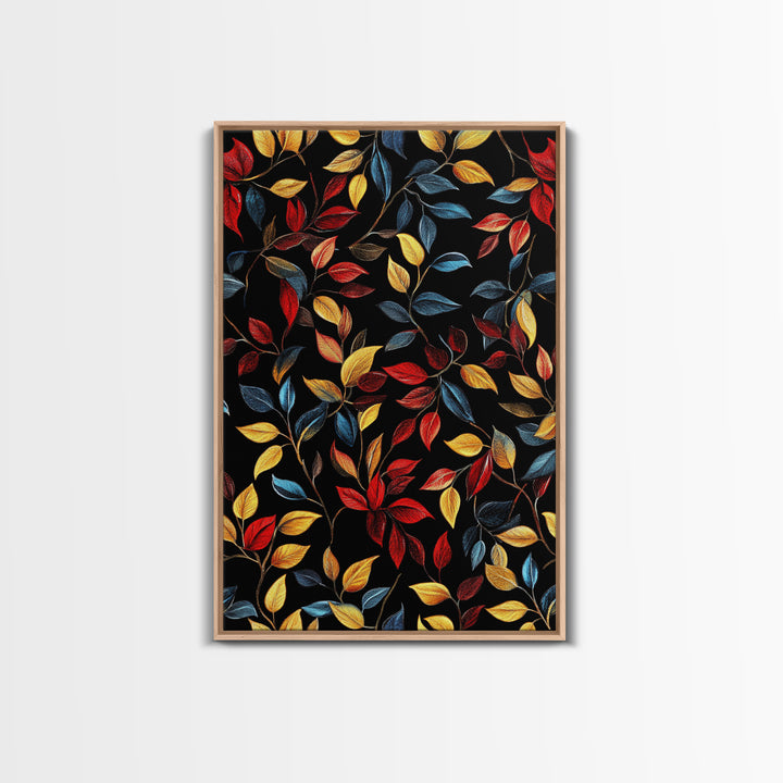 Botanical Fall Leaves Art Print On Canvas with Wood Frame, Black Background, Retro Style Home Decor