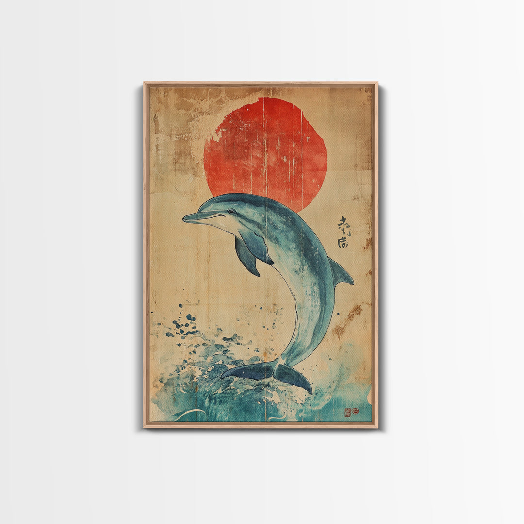 Dolphin Jumping Under A Sunset Over the Ocean Framed Canvas Print, Wabi Sabi Nautical Home Decor, Minimalist Wall Art, Office Decor