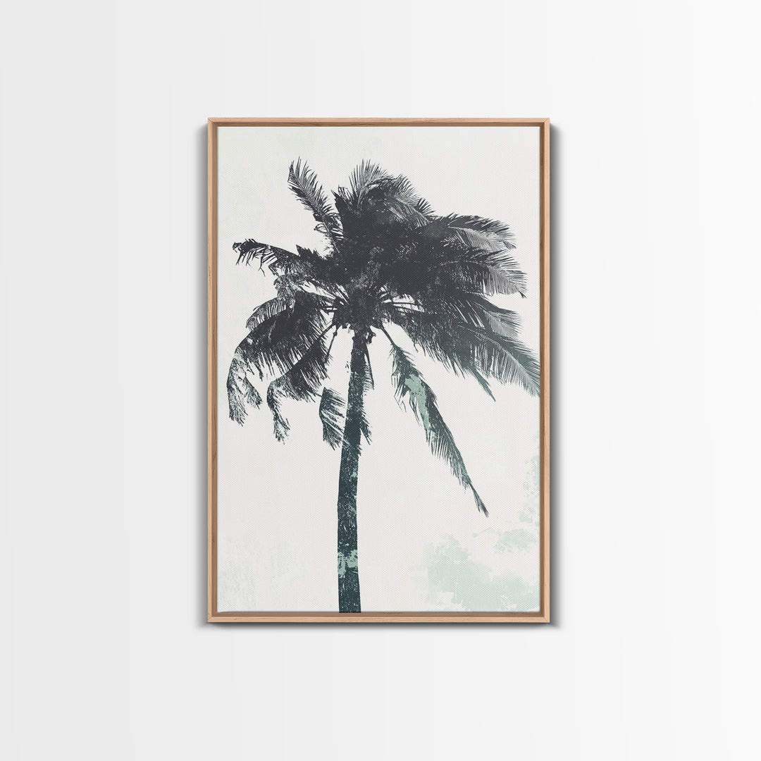 Palm Tree In The Wind, Framed Canvas Print, Wabi Sabi Watercolor Painting of a Palm Tree, Statement Piece Art