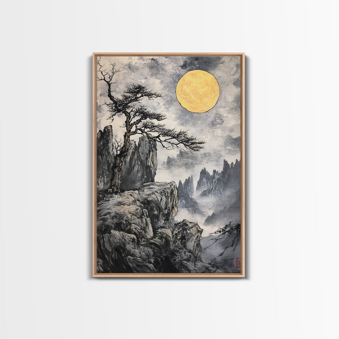 Wabi Sabi Landscape Painting Print - Japanese Style Decor - Japanese Style Art - Bonzai Tree Under a Full Moon