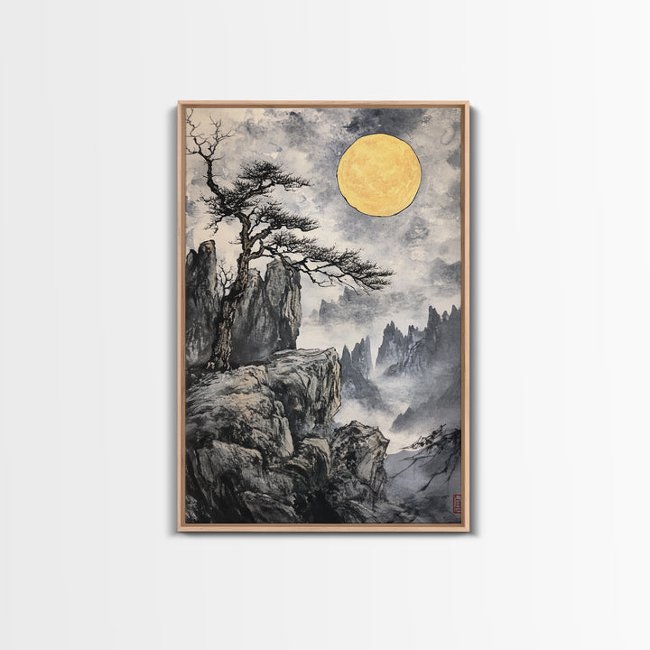 Wabi Sabi Landscape Painting Print - Japanese Style Decor - Japanese Style Art - Bonzai Tree Under a Full Moon