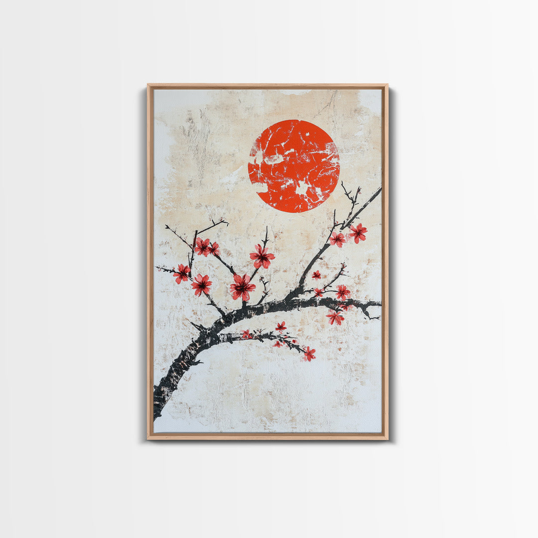 Cherry Blossoms and Sunset Framed Canvas Print - Minimalist Wabi Sabi Wall Art - Cherry Blossoms Painting - Home Decor - Japanese Style Art