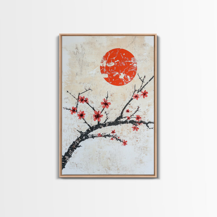 Cherry Blossoms and Sunset Framed Canvas Print - Minimalist Wabi Sabi Wall Art - Cherry Blossoms Painting - Home Decor - Japanese Style Art