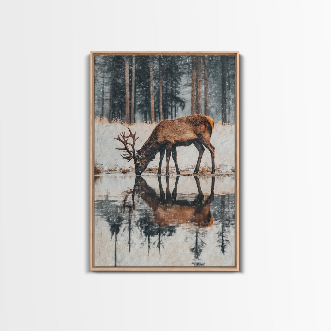 Elk Drinking Water Oil Painting Print, Framed Canvas, Deer Drinking Water In Forest Painting, Nature Decor, Cabin Wall Art, Winter Wall Art