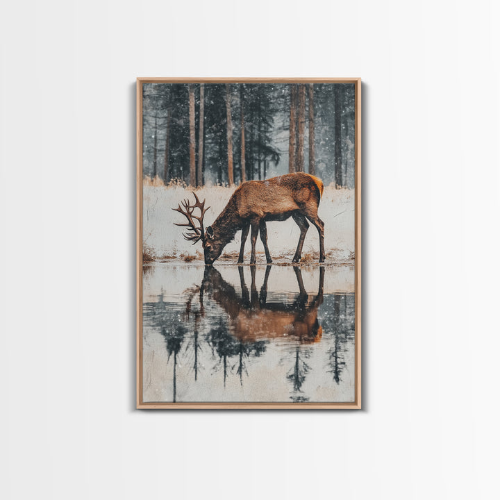 Elk Drinking Water Oil Painting Print, Framed Canvas, Deer Drinking Water In Forest Painting, Nature Decor, Cabin Wall Art, Winter Wall Art