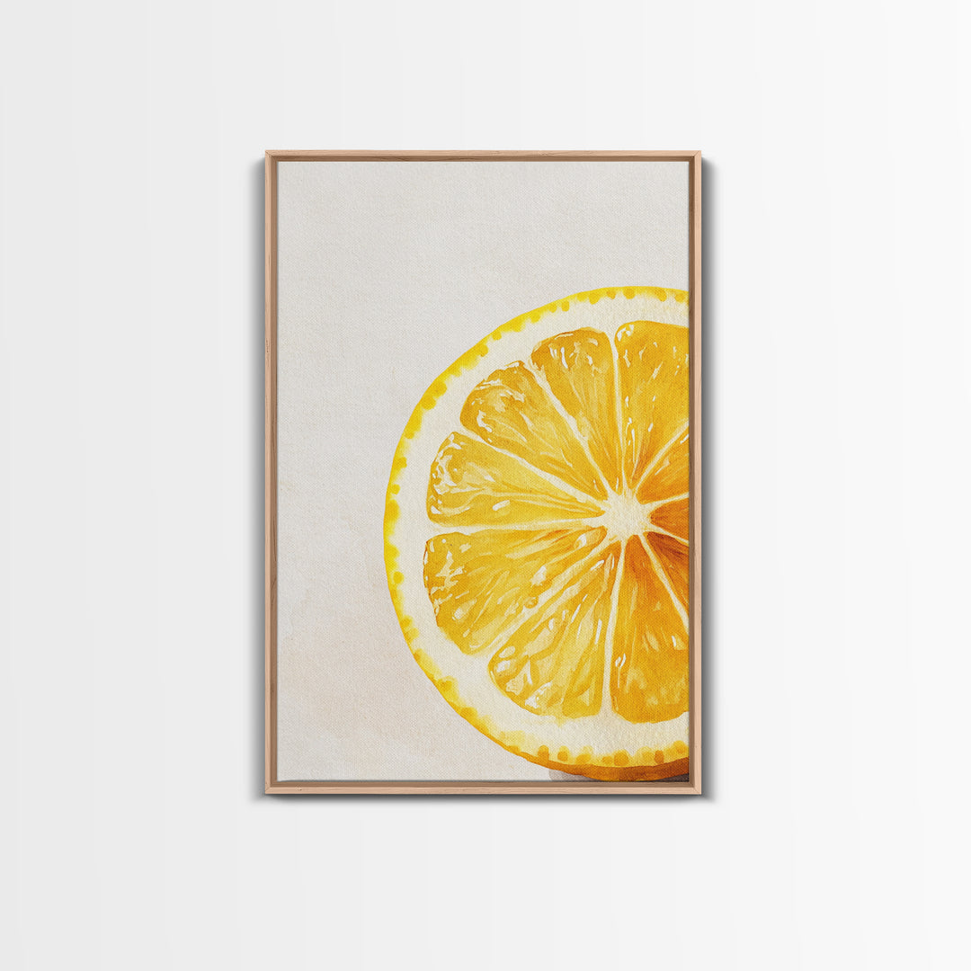 Closeup of a Lemon Wedge Framed Canvas Print, Original Still Life Painting of a Lemon, Housewarming Gift, Kitchen Food Wall Art, Kitchen Decor
