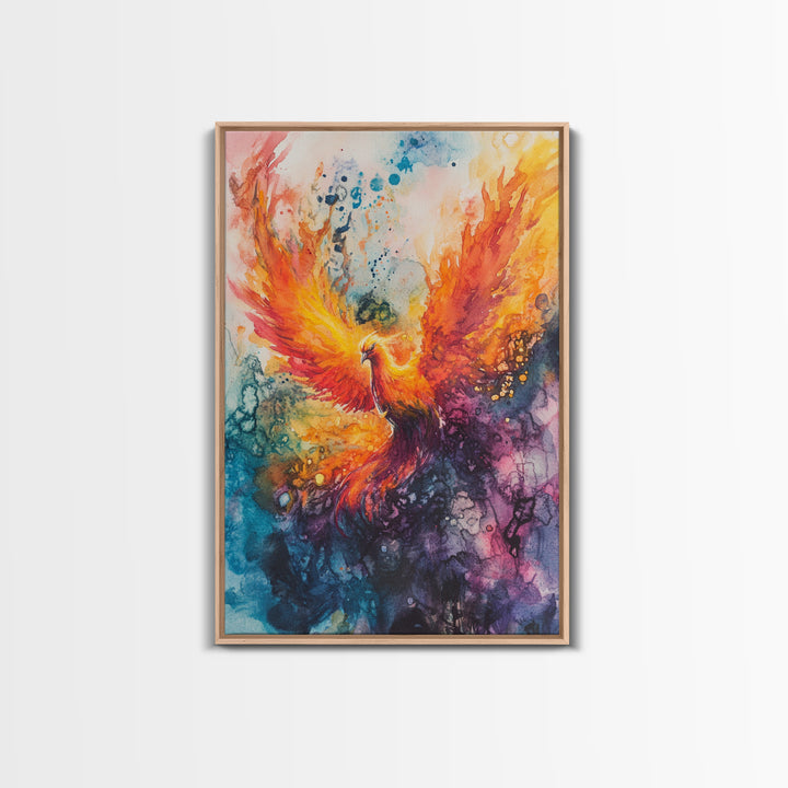 Rising Phoenix Canvas Print Wall Art - Majestric Watercolor Painting On Vertical Canvas, Framed and Ready To Hang, Hardware Included