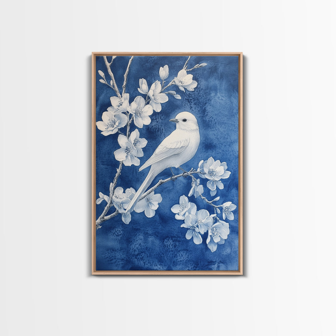 Blue Botanial Wall Art Chinoiserie Wall Art, White Bird, Blue Chinoiserie Home Decor, Botanical Print, Bird Painting, Framed Canvas Print