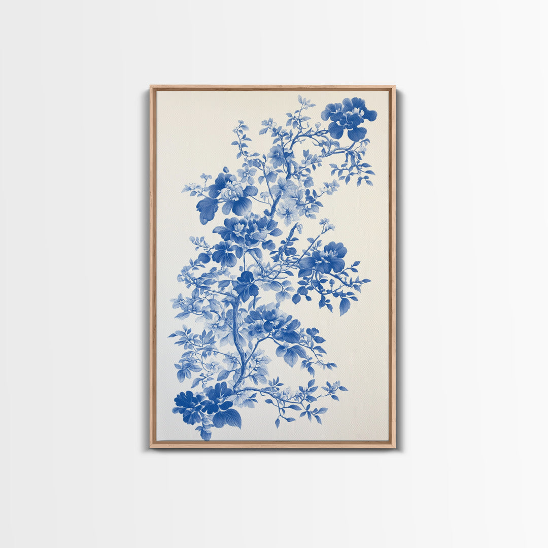 Blue Floral Print, Chinoiserie Wall Art, Framed Canvas, Canvas Art Home Decor, Chinoiserie Style Painting