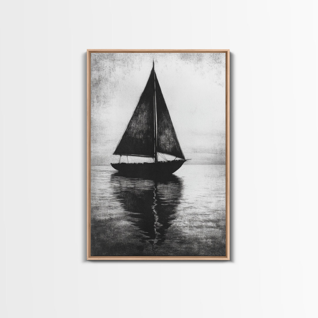 Charcoal Sketch of a Sailboat, Framed Canvas Print, Sailboat Painting, Minimalist Home Decor, Nautical Decor, Black and White Sailboat Art