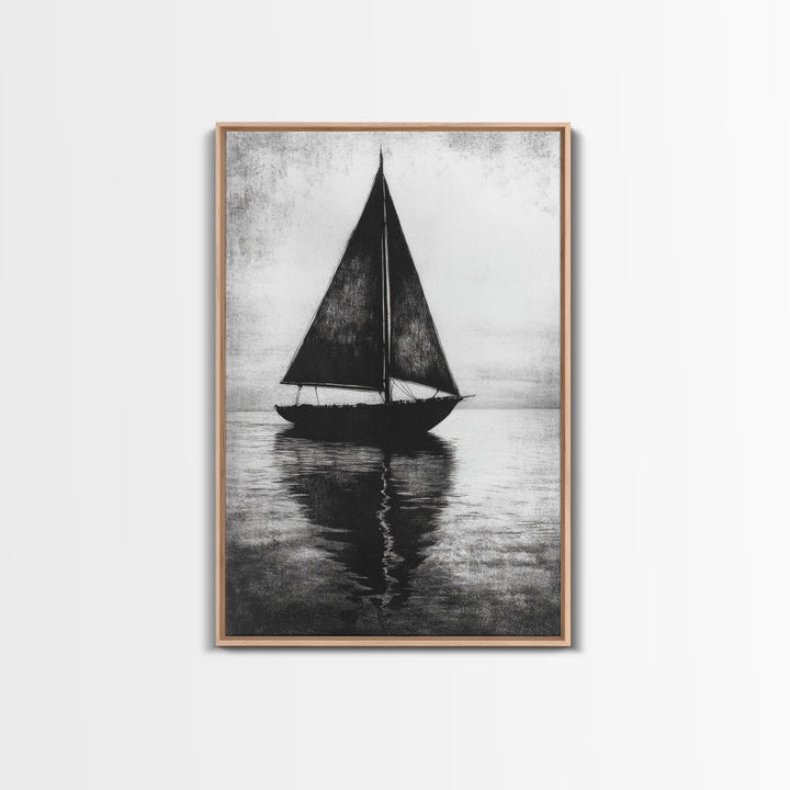 Charcoal Sketch of a Sailboat, Framed Canvas Print, Sailboat Painting, Minimalist Home Decor, Nautical Decor, Black and White Sailboat Art