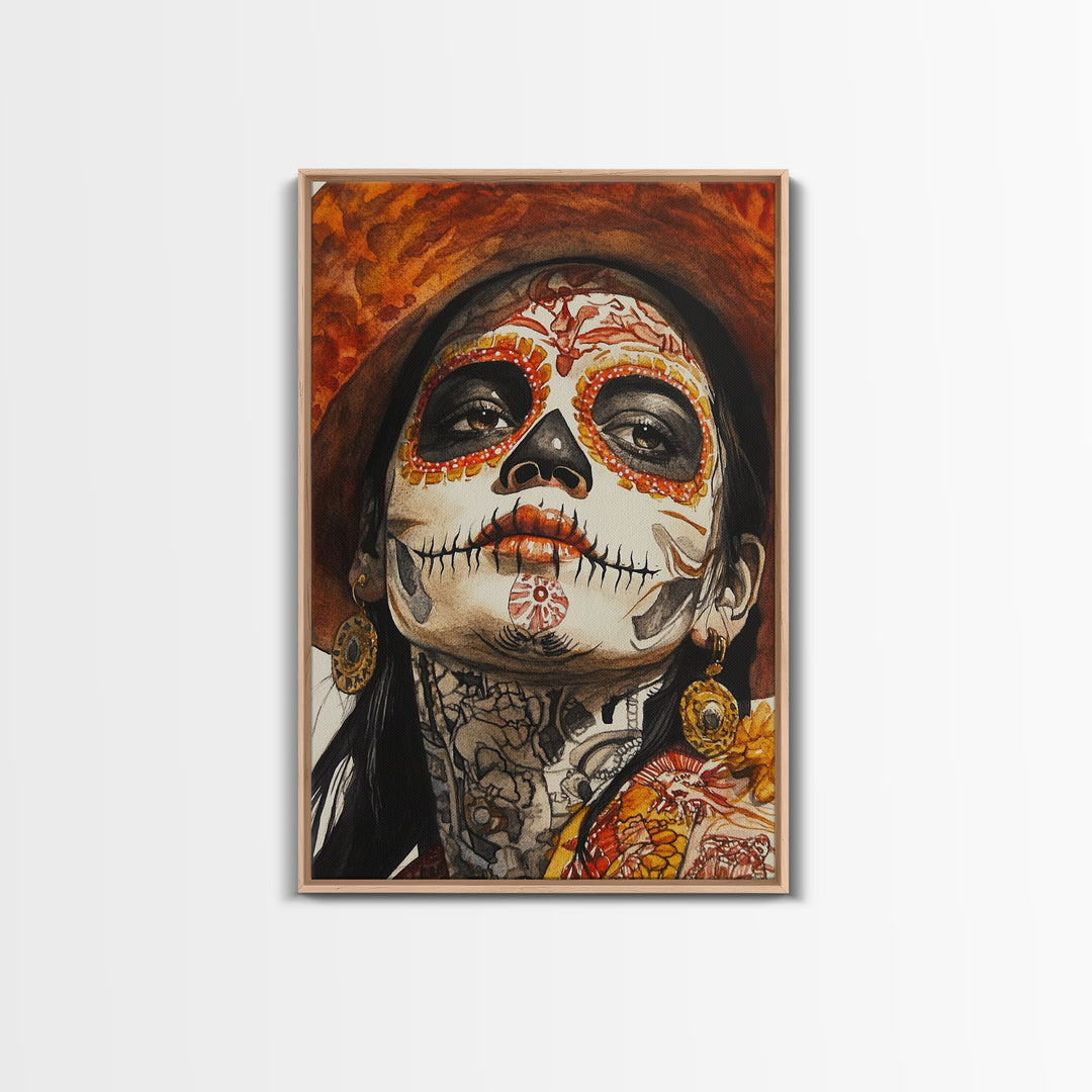 Day Of The Dead Portrait Framed Canvas Print, Chicano / Mexicano Wall Art, Home Decor, Chicano Wall Art, Chicano Painting