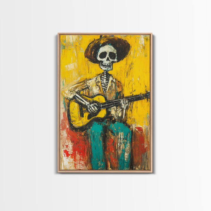 Chicano Canvas Print Of a Cowboy Skeleton Guitarist, Mexicano Art, Chicano Art, Original Artwork, Vaquero Art
