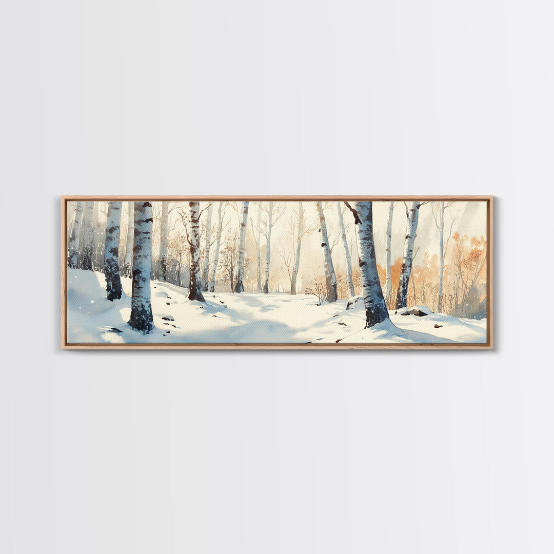 Birch Tree Forest In The Snow Covered Winter Framed Canvas Print, Panoramic Wall Art, Original Birch Tree Art, Birch Tree Painting, Horizontal Art