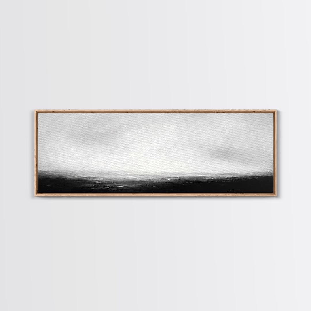The Sea is Calm Panoramic Canvas Print, Seascape Painting, Black and White Nautical Art, Moody Decor, Muted Art, Subdued Art