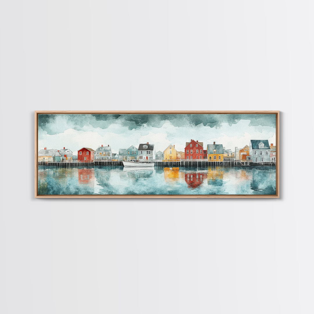 Panoramic Painting Print of Nantucket, Framed Canvas Print, Nantucket Painting, nautical seascape landscape painting, Nautical Decor