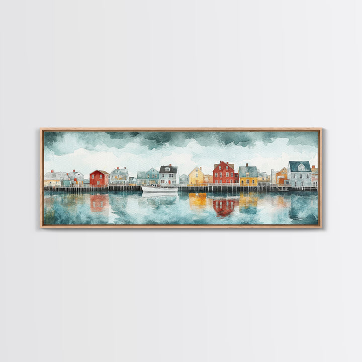 Panoramic Painting Print of Nantucket, Framed Canvas Print, Nantucket Painting, nautical seascape landscape painting, Nautical Decor