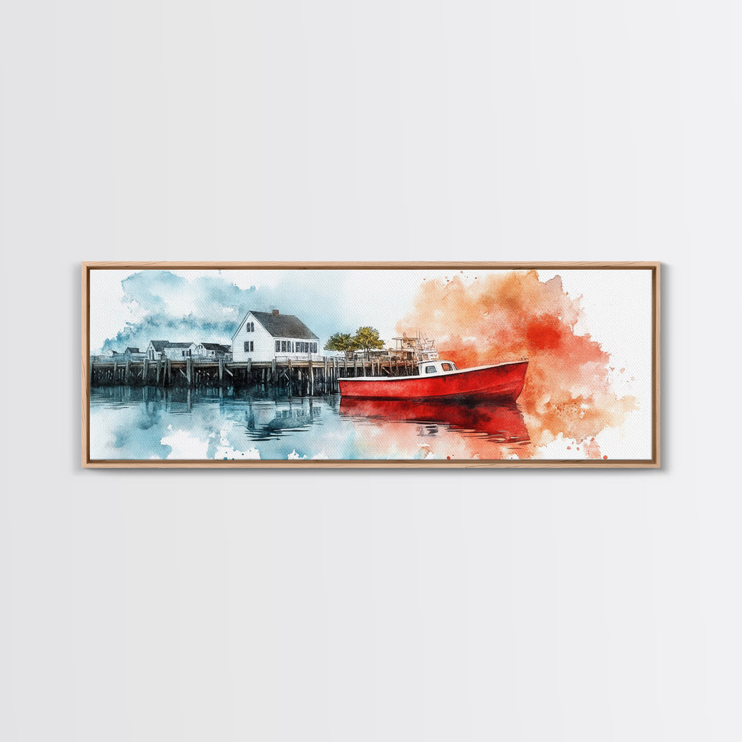 Panoramic Nautical Seacape Painting, Framed Canvas Print - Nantucket Wall Art - Beach House Art - Painting of Nantucket