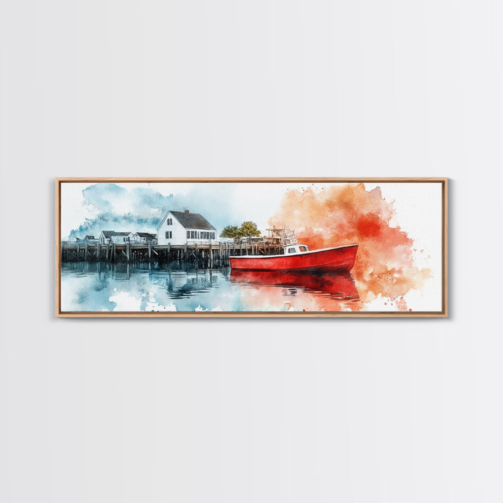Panoramic Nautical Seacape Painting, Framed Canvas Print - Nantucket Wall Art - Beach House Art - Painting of Nantucket