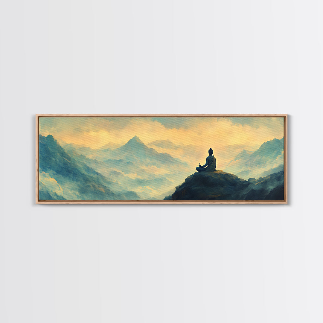 Buddha Meditating On The Mountain Framed Canvas Print, Zen Wall Art, Meditation Room Decor, Yoga Studio Decor, Panoramic Buddha Painting