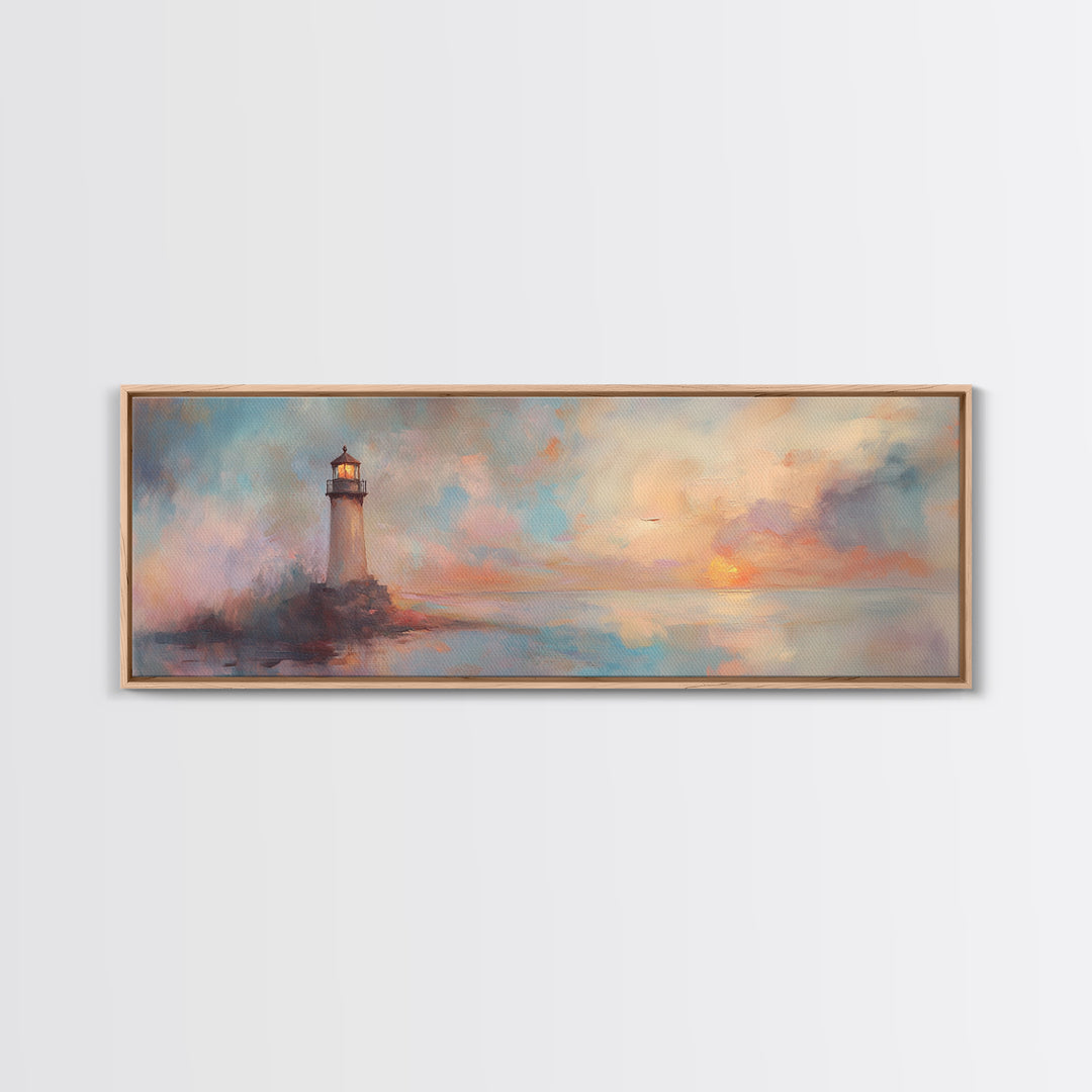 Nautical Home Decor, Whimsical Lighthouse Panoramic Painting Canvas Print, Seascape Painting, Light House Wall Art, Lighthouse Print