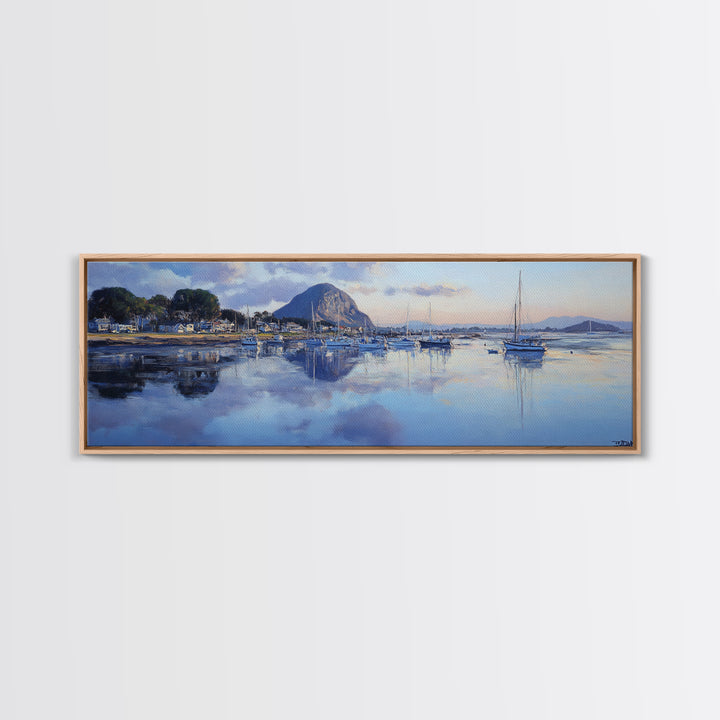 Panoramic Painting Print of Morro Bay California, Painting Morro Bay Framed Canvas Print, California Wall Art, Nautical Seascape Landscape Painting