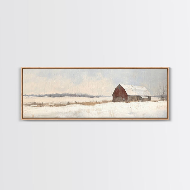 Barn Landscape Oil Painting Print - Retro Farm Wall Art - Village Wall Art - Old Red Barn In Winter - Winter Landscape - Winter Centerpiece Art