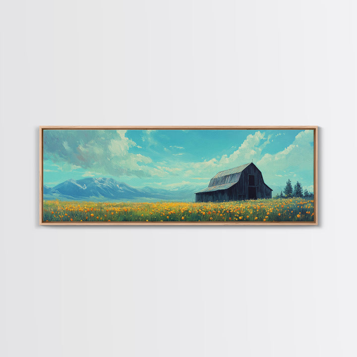 Old Barn In The Spring, Framed Canvas Print, Rustic Farmhouse Decor, Modern Farmhouse, Barn in Field of Wild Flowers, Farm House Art