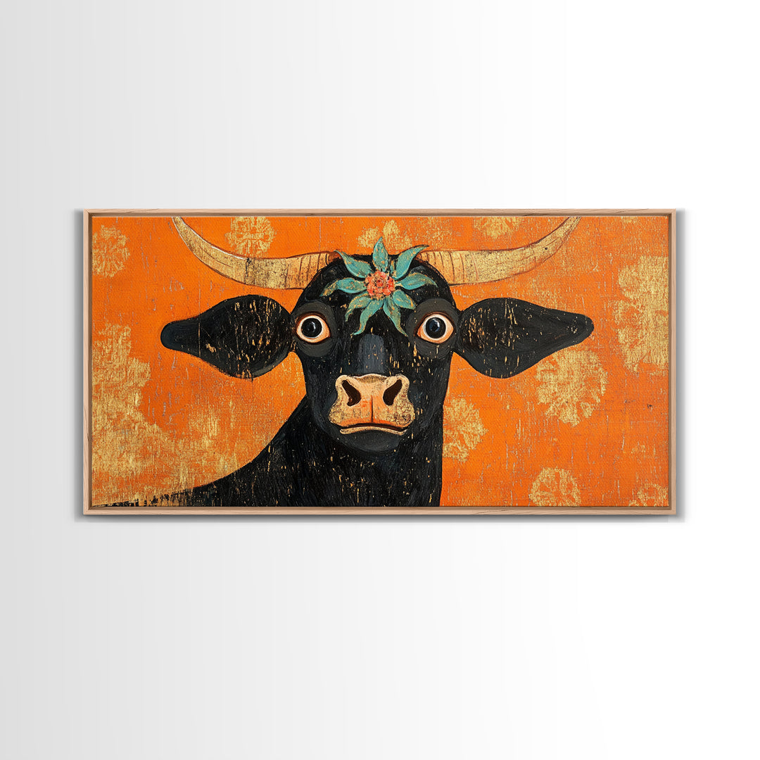 Abstract Wide Eyed Cow, Funny Art, Framed Canvas Print, Chicano Wall Art, Mexican Style Art, Farmhouse Decor, Cow Painting, Cow Print
