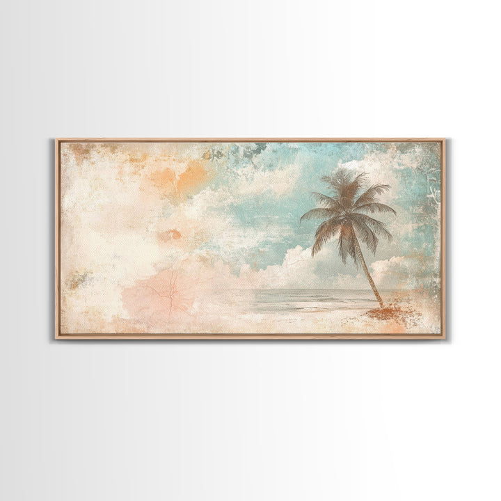 Distressed Painting Print of a Lone Palm Tree on a Beach, Framed Canvas Print, Retro Nautical Landscape Painting, Beach Wall Art, Beach Print
