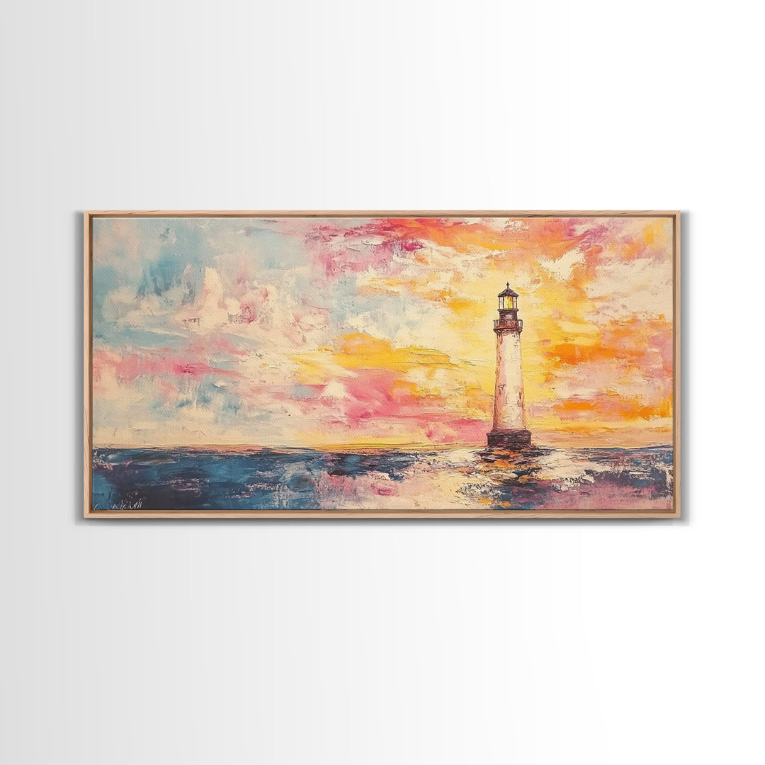 Nautical Seascapes Oil Painting Print, Nautical Landscape Painting, Beach Art, Light House Painting, Sunrise Oil Painting Print
