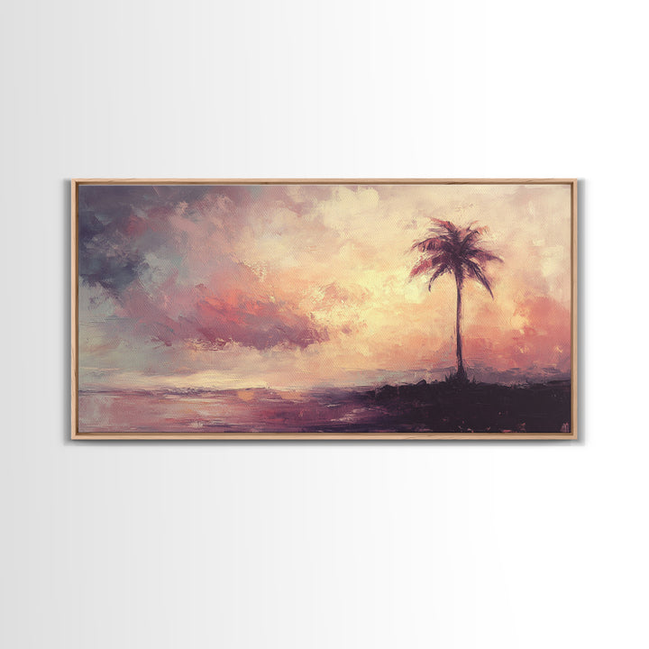 The Beach and the Palm Tree Framed Canvas Print, Nautical Home Decor, Nautical Nursery Art, Moody Beach Painting, Seascape painting