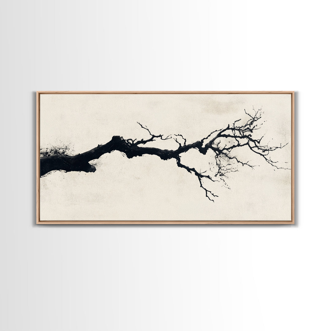 Black and White Wall Art, Framed Canvas Print, Dead Branch Painting on a Black Background, Charcoal Sketch, Charcoal Painting Wall Art