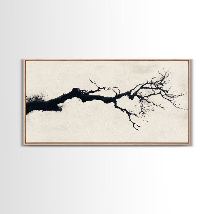 Black and White Wall Art, Framed Canvas Print, Dead Branch Painting on a Black Background, Charcoal Sketch, Charcoal Painting Wall Art