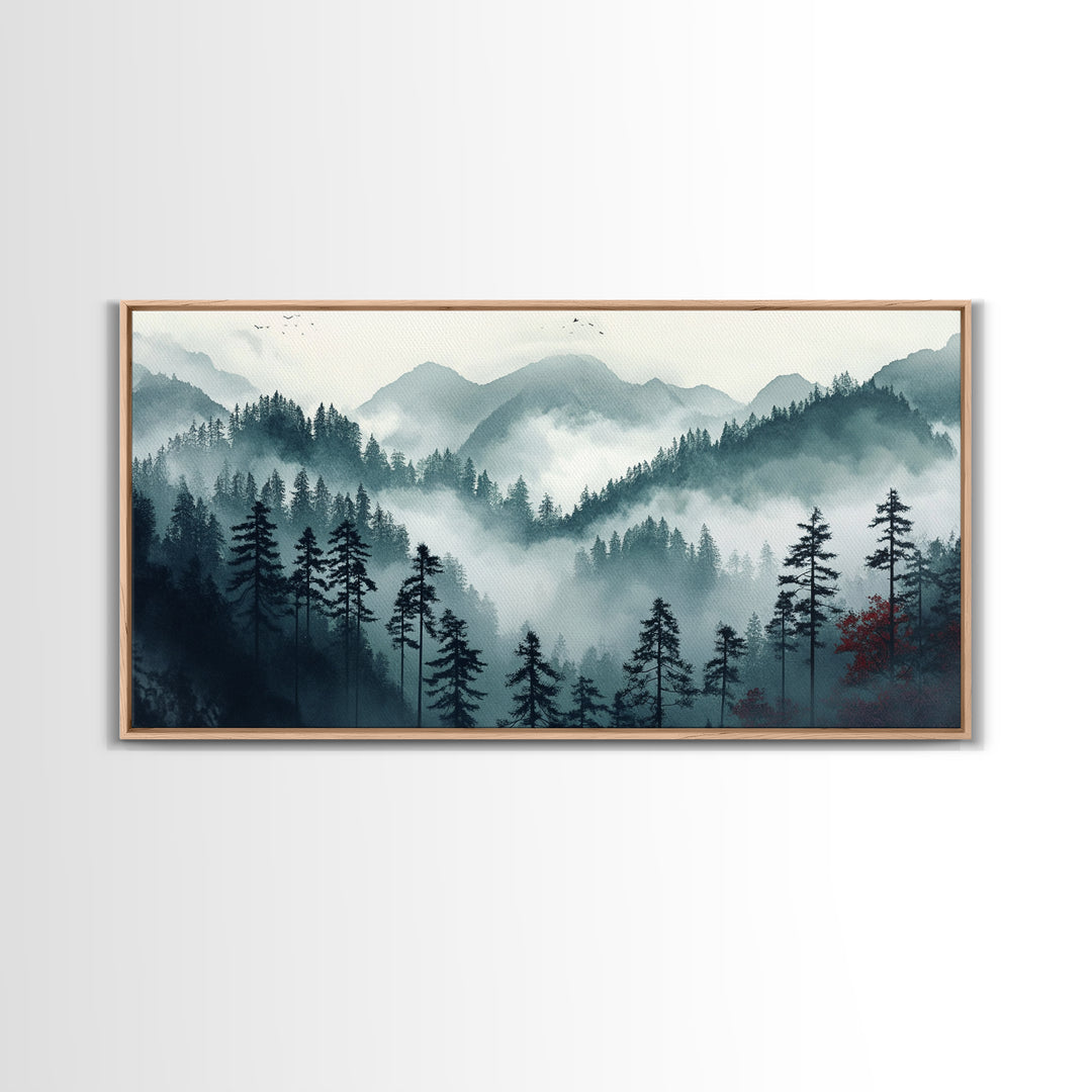 Foggy Mountain Landscape At The Break of Dawn, Framed Canvas Print, Foggy Landscape Painting, Blue Ridge Mountains Painting Print