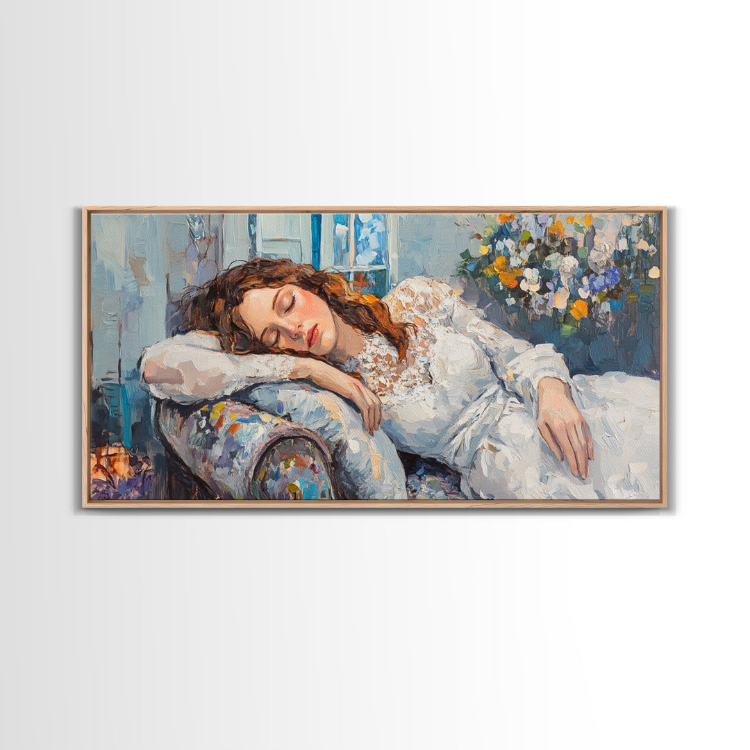 Decadent Young Woman Inspired Wall Art, Framed Canvas Print, Victorian Oil Painting Of a Woman Taking a Nap, Cute Bedroom Decor