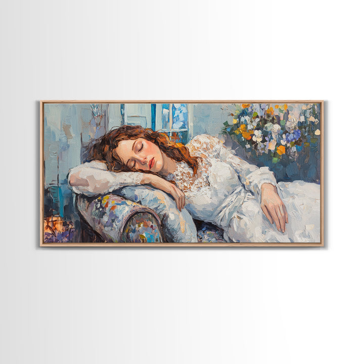 Decadent Young Woman Inspired Wall Art, Framed Canvas Print, Victorian Oil Painting Of a Woman Taking a Nap, Cute Bedroom Decor