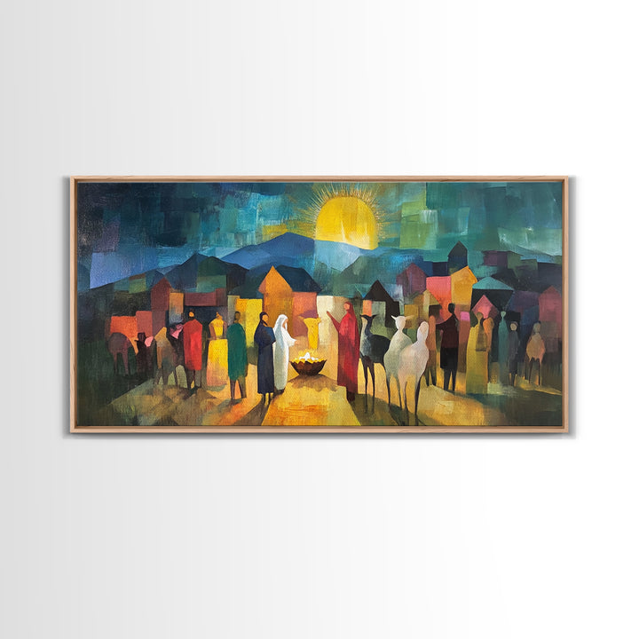 Christmas Nativity Scene Art Print - Framed WalL Art Canvas Print - Mary, Joseph and Baby Jesus in Bethlehem Abstract Oil Painting Print
