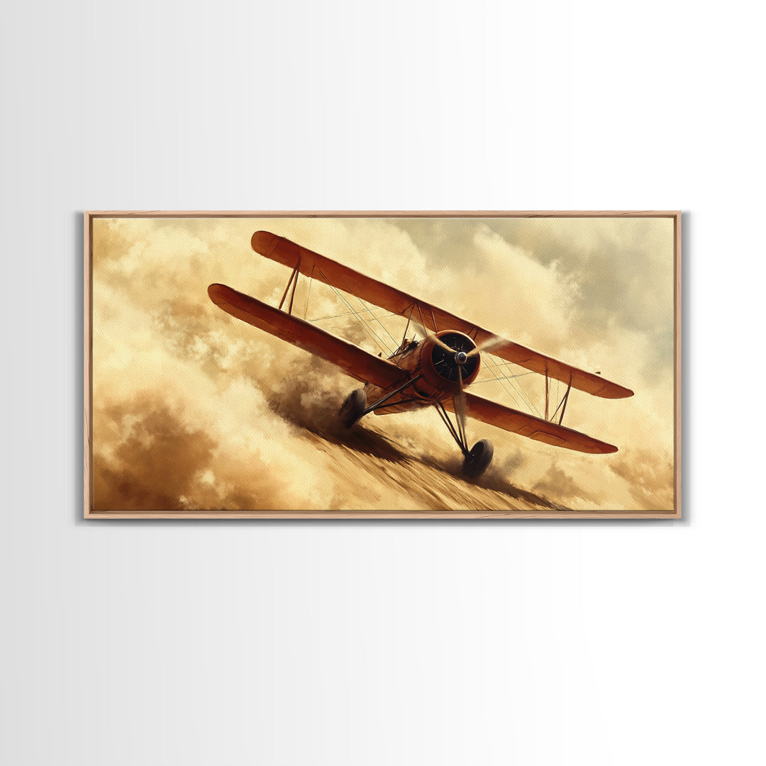Biplane Taking Off In a Sandstorm, 1920s Airplane Painting, Retro Airplane Wall Art, Gift For Him, Office or Man Cave Wall Art