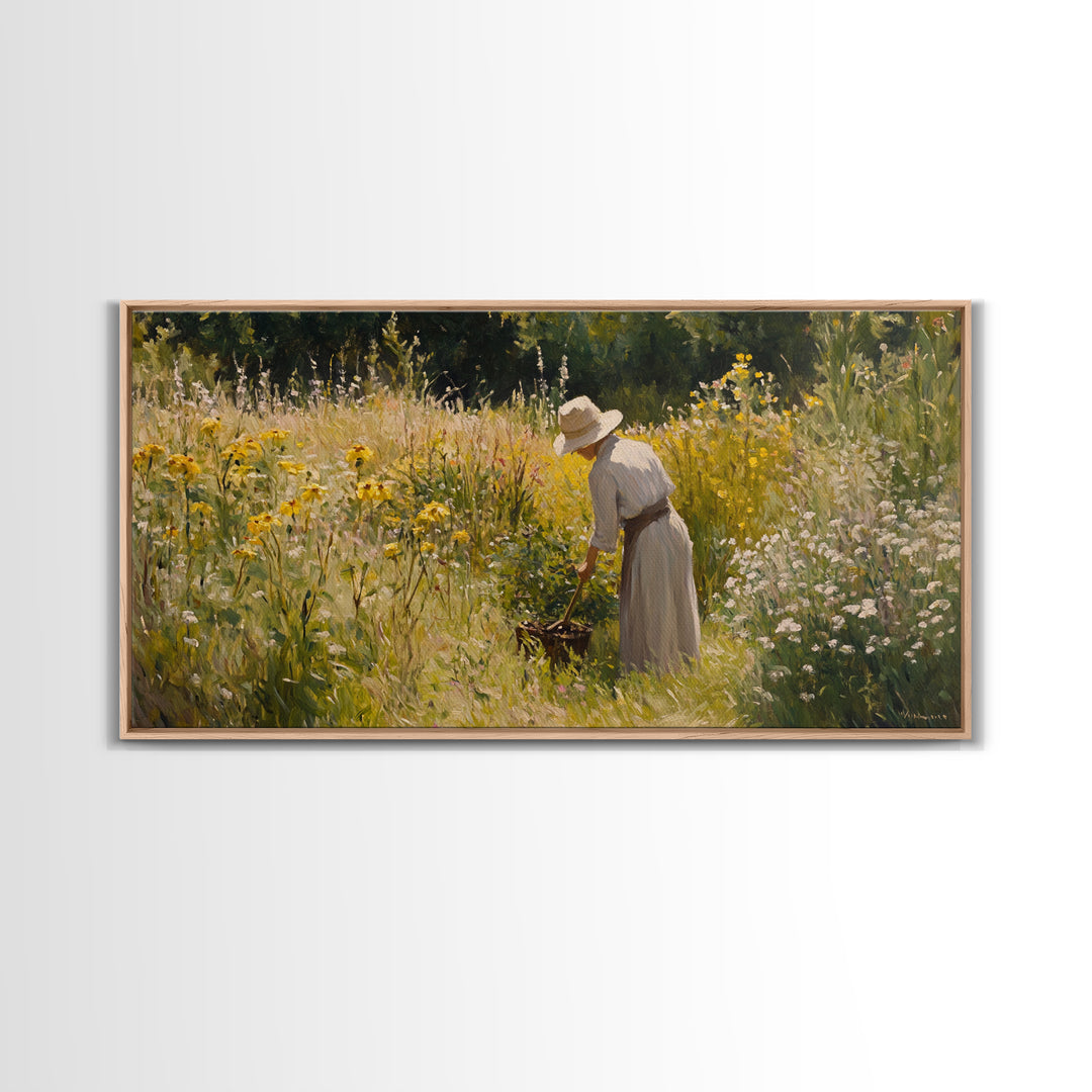 Victorian Oil Painting Print of a Woman In The Garden, Framed Canvas Print, Ready To Hang Art, Woman in Garden Painting Home Decor