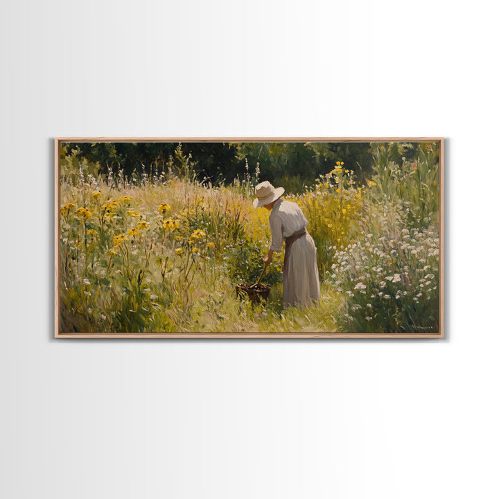 Victorian Oil Painting Print of a Woman In The Garden, Framed Canvas Print, Ready To Hang Art, Woman in Garden Painting Home Decor