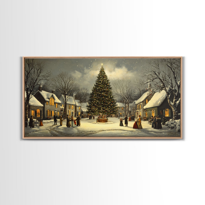 Christmas Village Framed Canvas Print Winter Decor, Canvas Wall Art, Victorian Christmas Oil Painting, Christmas Village Art