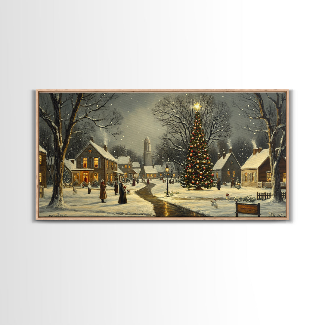 Christmas Sceneary Wall Art Framed Canvas Print, Winter Wall Art, Christmas Village Painting, Victorian Christmas Oil Painting, Horizontal Art