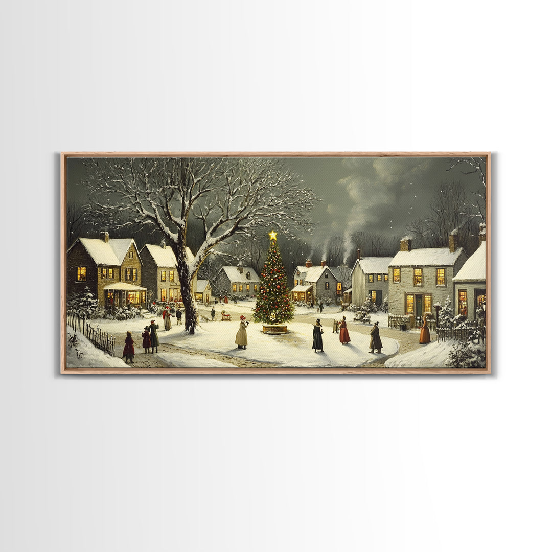 Bustling Christmas Street Scene Oil Painting Canvas Print, Snowy Holiday Night, Festive Victorian Christmas Village Oil Painting, Christmas Decor