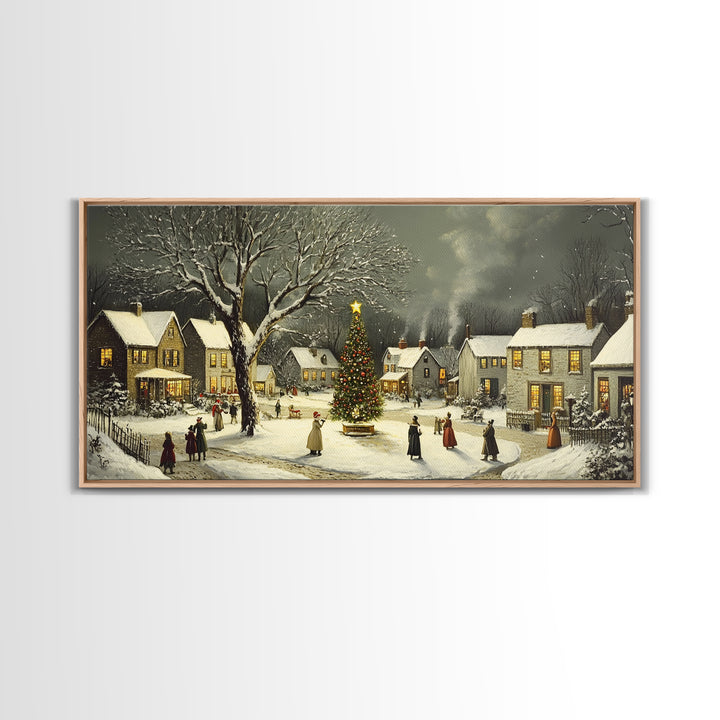 Bustling Christmas Street Scene Oil Painting Canvas Print, Snowy Holiday Night, Festive Victorian Christmas Village Oil Painting, Christmas Decor