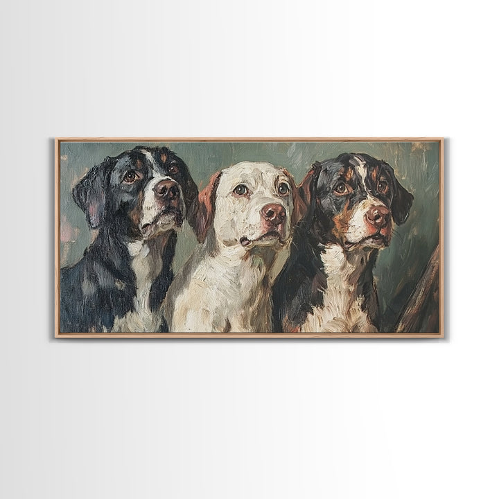 Cute Hunting Dogs Framed Canvas Print, Hunting Dogs Oil Painting, Modern Farmhouse, Traditional Home Decor, Rustic Wall Art, Dog Lover Gift